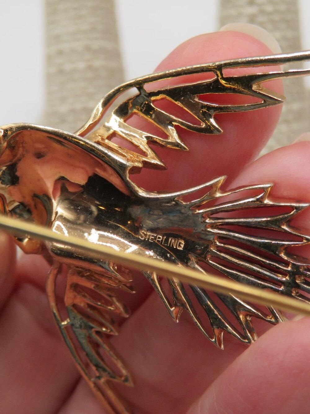Vintage Hummingbird Gold Over Sterling Brooch - Picture 5 of 7